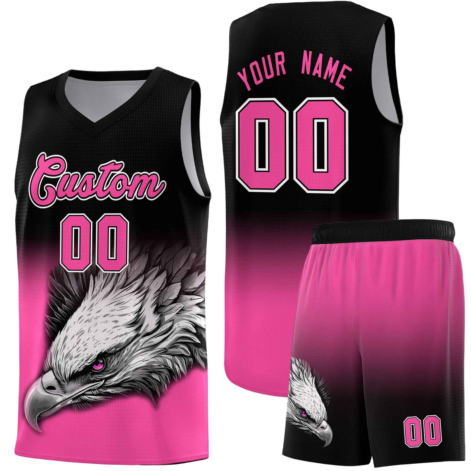 Custom Black Pink Basketball Kits with Eagle Pattern