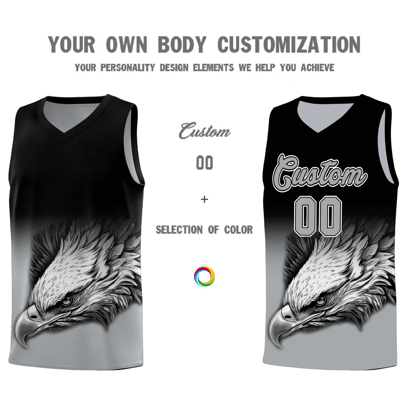 Custom Black Gray Basketball Kits with Eagle Pattern