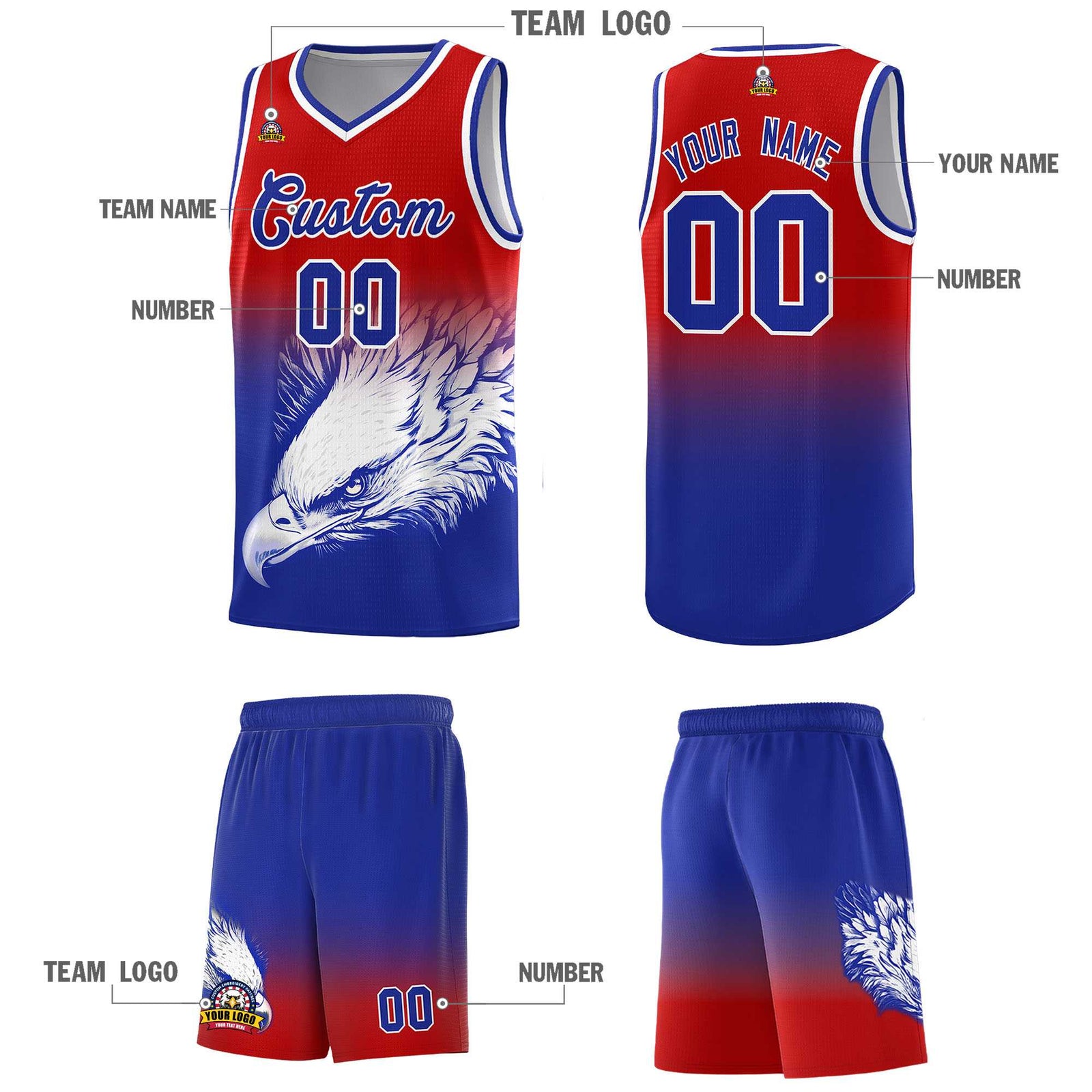 Custom Red Royal Basketball Kits with Eagle Pattern