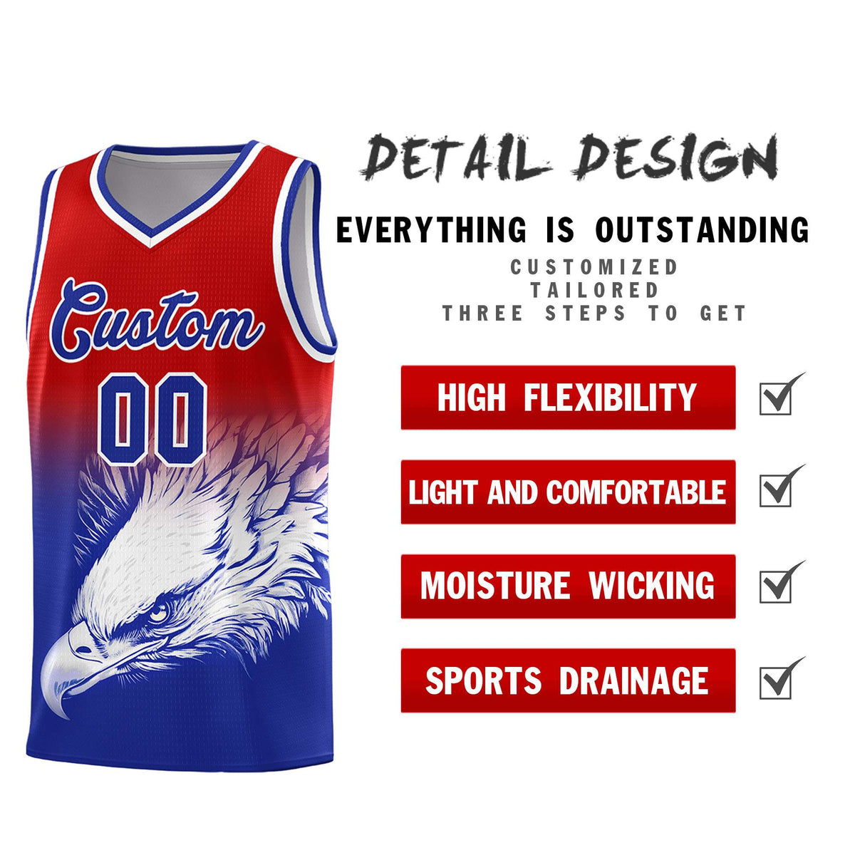 Custom Red Royal Basketball Kits with Eagle Pattern