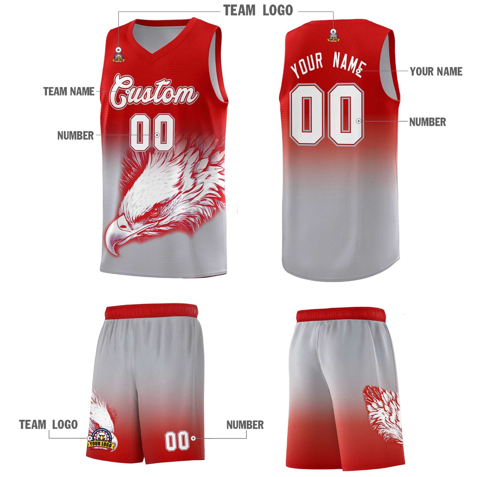 Custom Red Gray Basketball Kits with Eagle Pattern