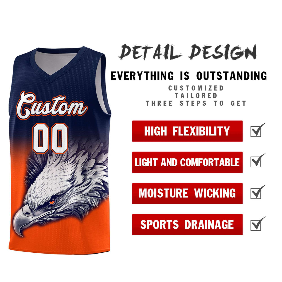 Custom Navy Orange Basketball Kits with Eagle Pattern