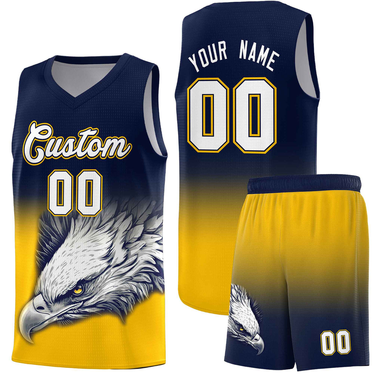 Custom Navy Yellow Basketball Kits with Eagle Pattern
