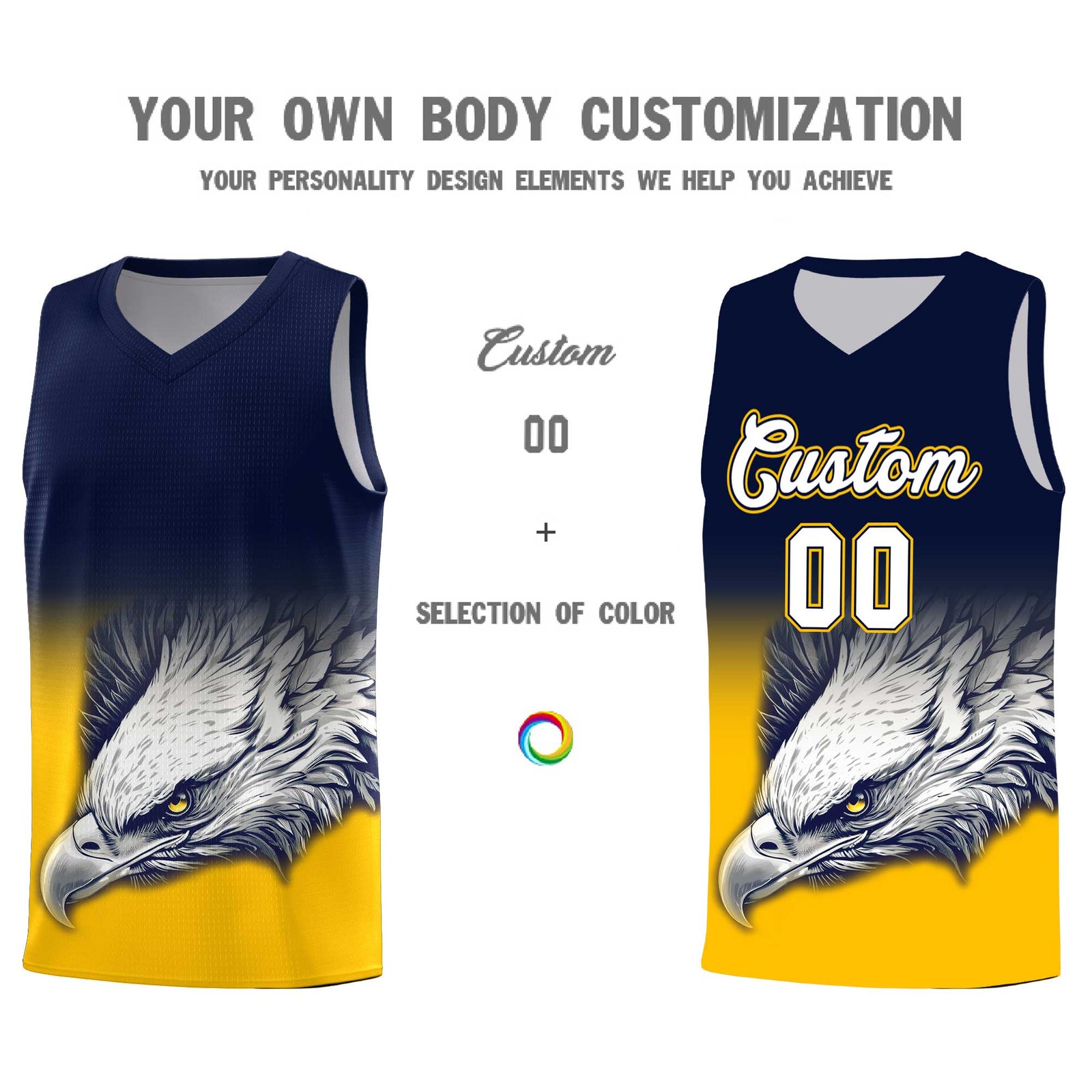 Custom Navy Yellow Basketball Kits with Eagle Pattern