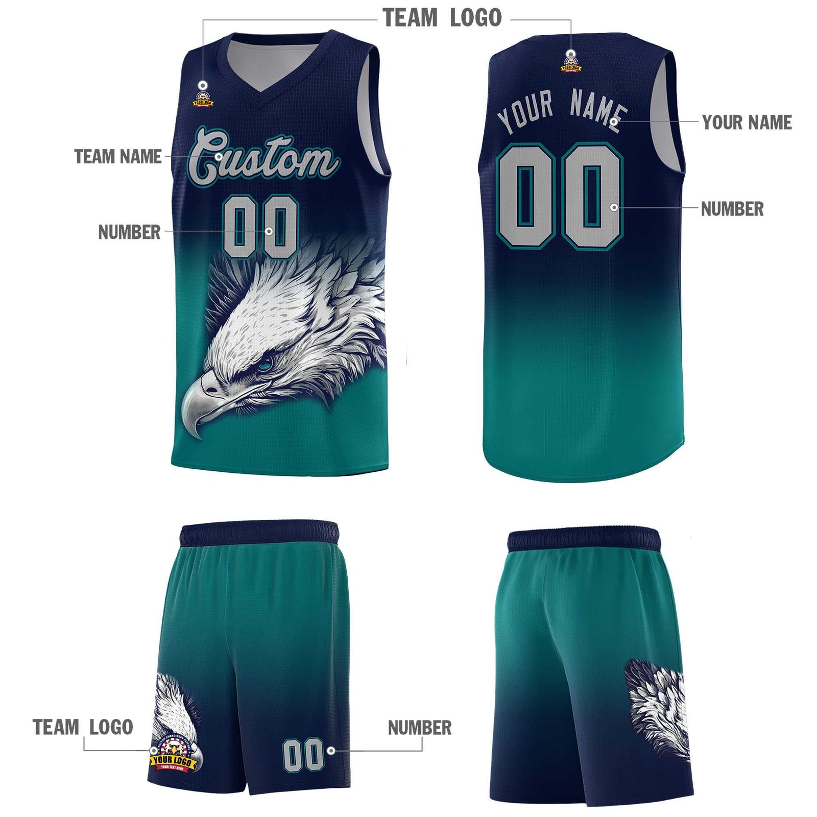 Custom Navy Teal Basketball Kits with Eagle Pattern