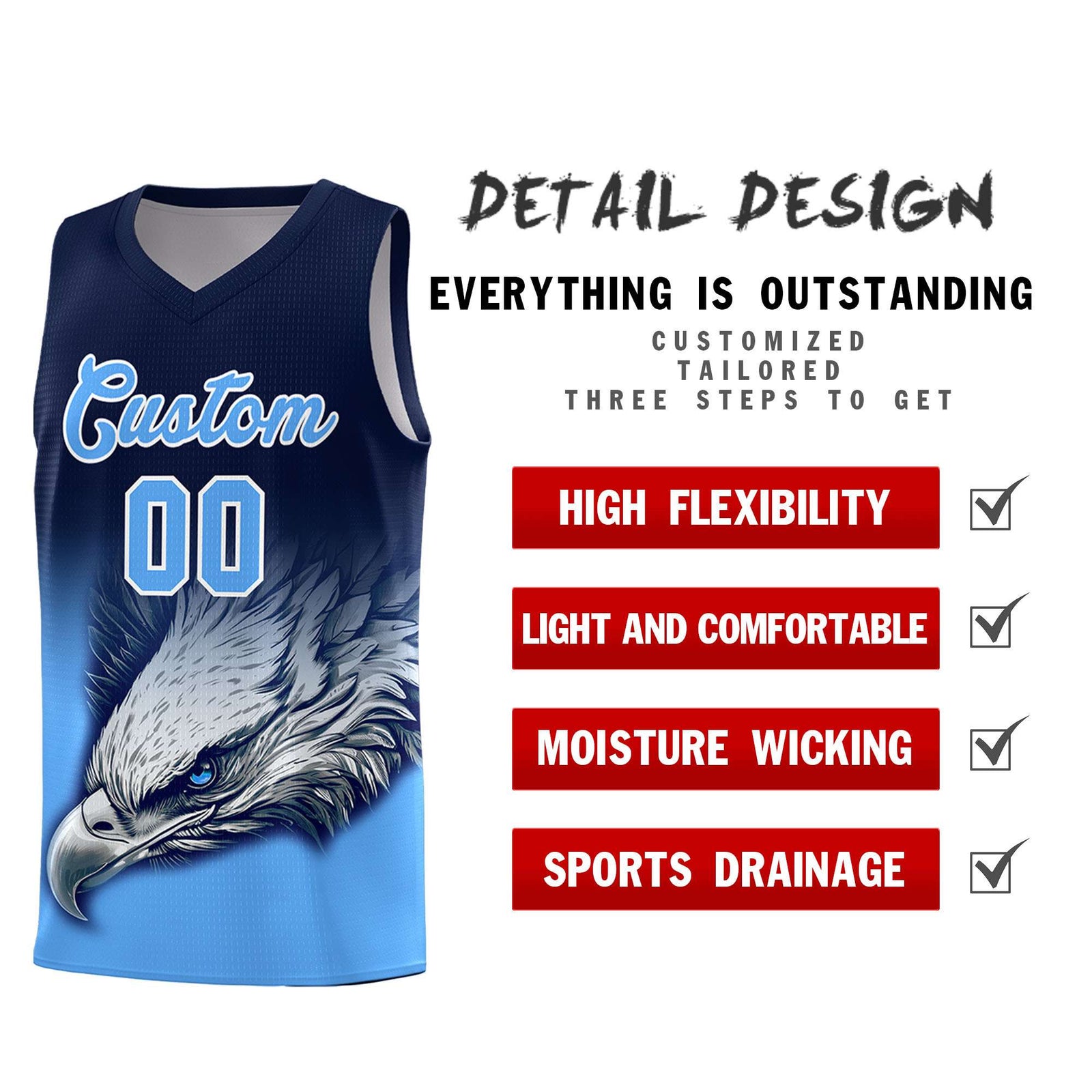 Custom Navy Powder Blue Basketball Kits with Eagle Pattern