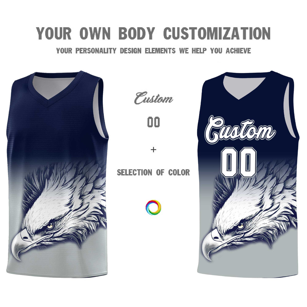 Custom Navy Gray Basketball Kits with Eagle Pattern