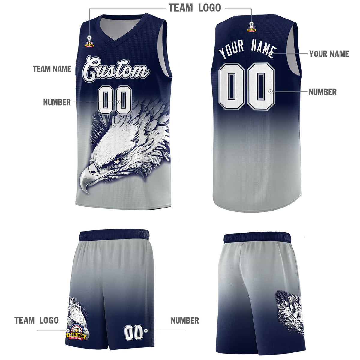 Custom Navy Gray Basketball Kits with Eagle Pattern