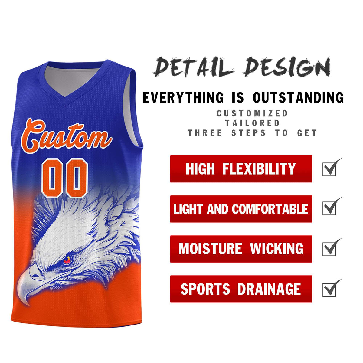 Custom Royal Orange Basketball Kits with Eagle Pattern