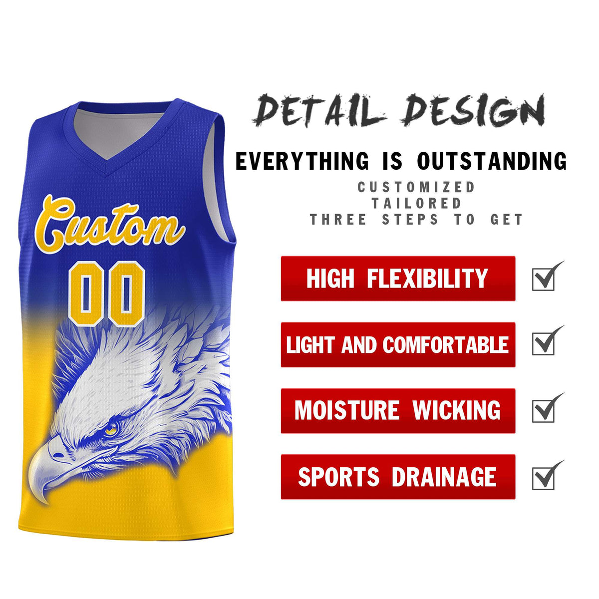Custom Royal Yellow Basketball Kits with Eagle Pattern