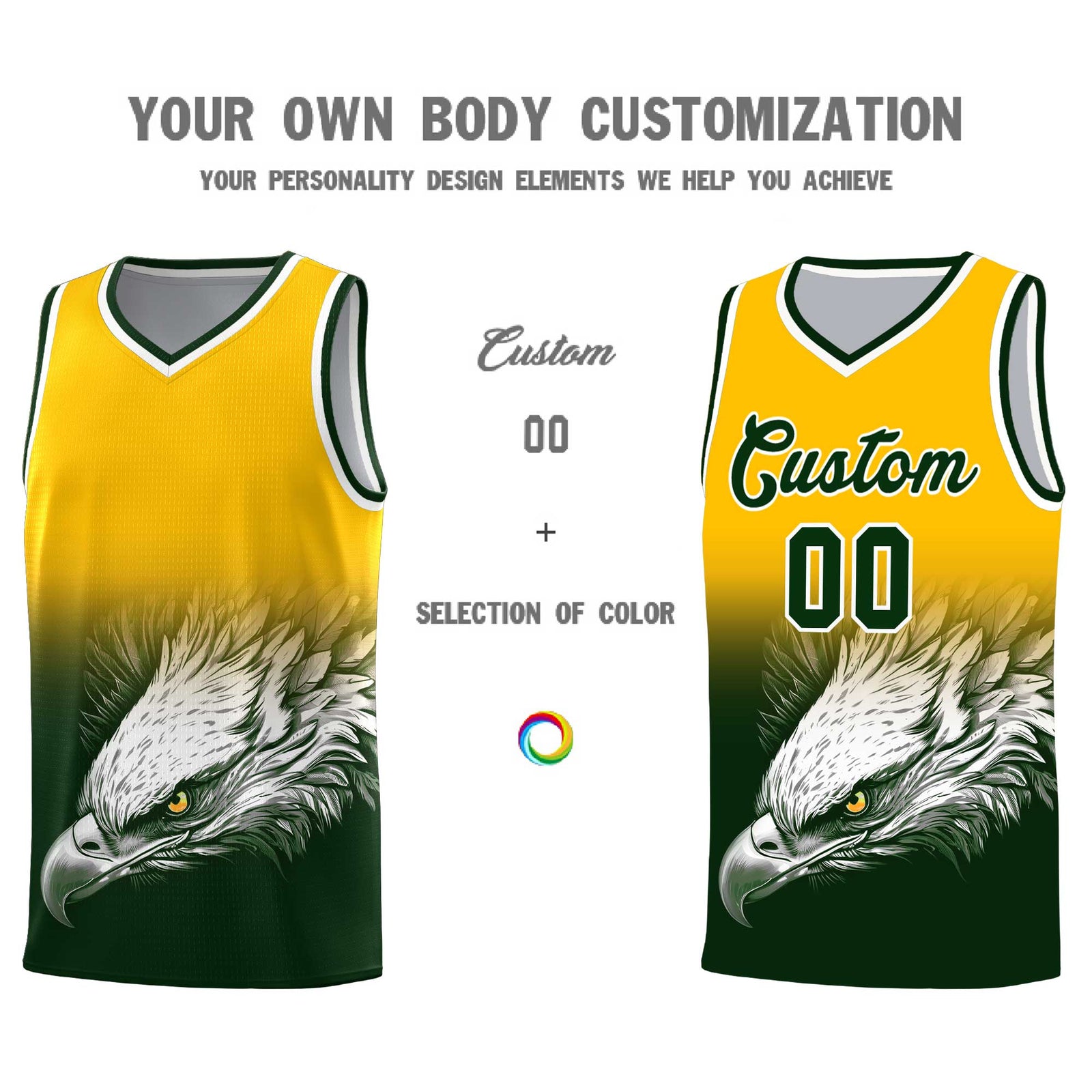 Custom Yellow Green Basketball Kits with Eagle Pattern