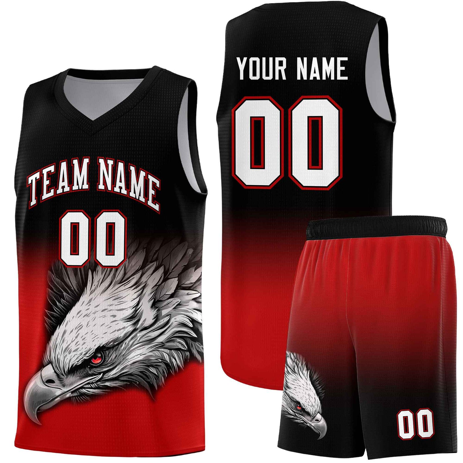 Custom Black Red Basketball Kits with Eagle Pattern