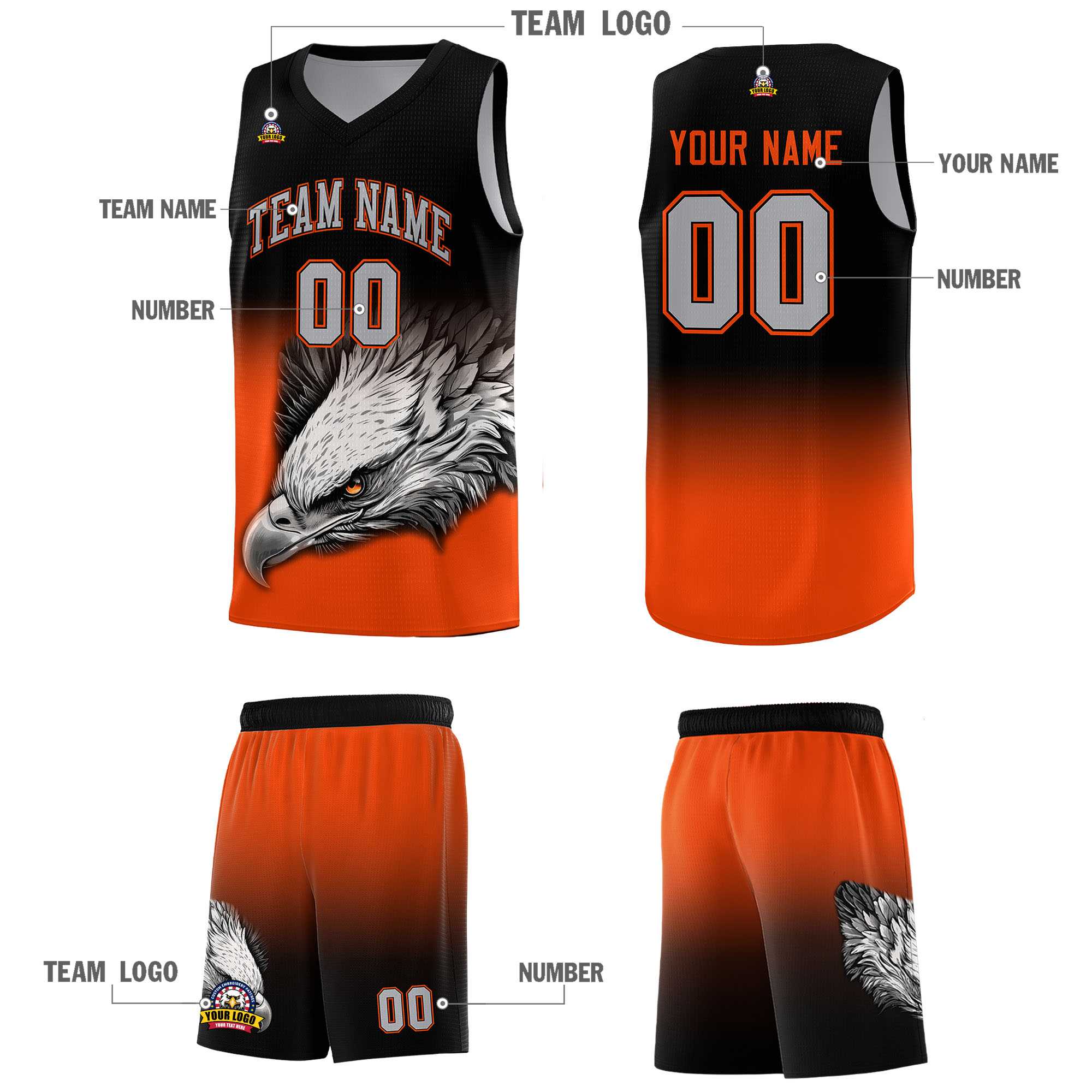 Custom Black Orange Basketball Kits with Eagle Pattern