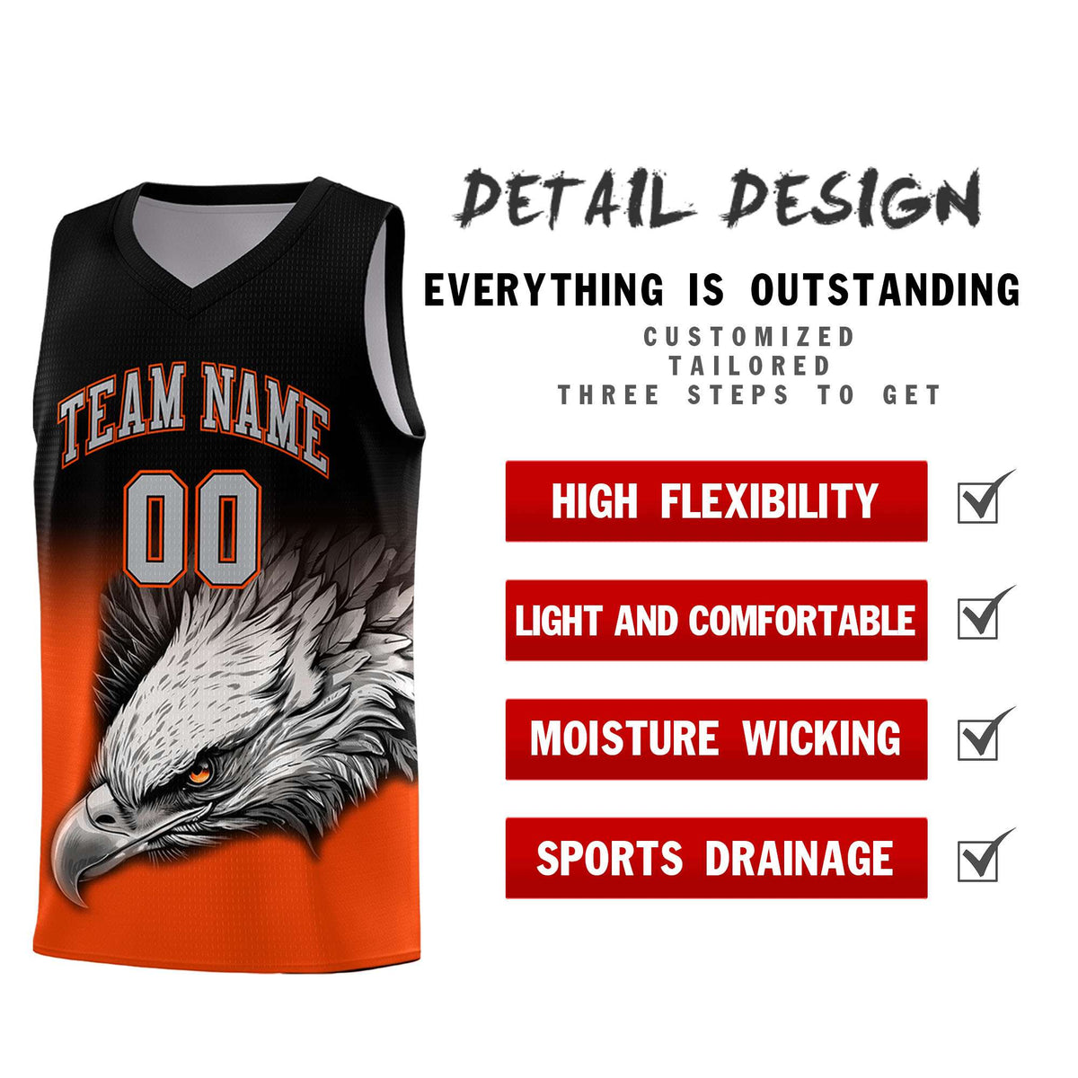 Custom Black Orange Basketball Kits with Eagle Pattern