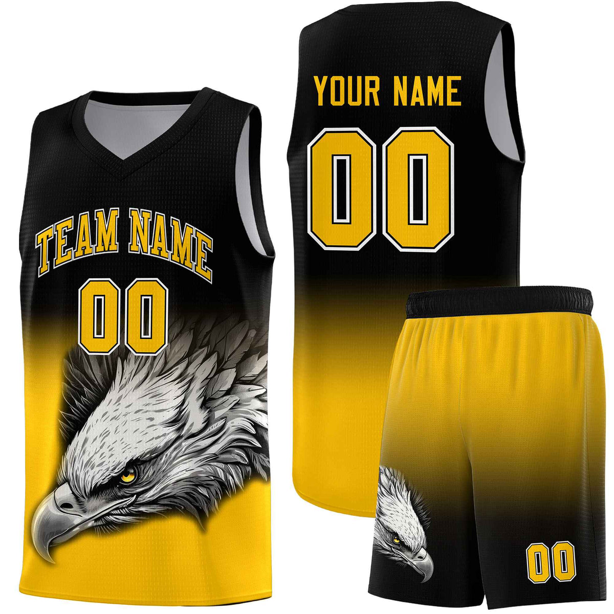Custom Black Yellow Basketball Kits with Eagle Pattern