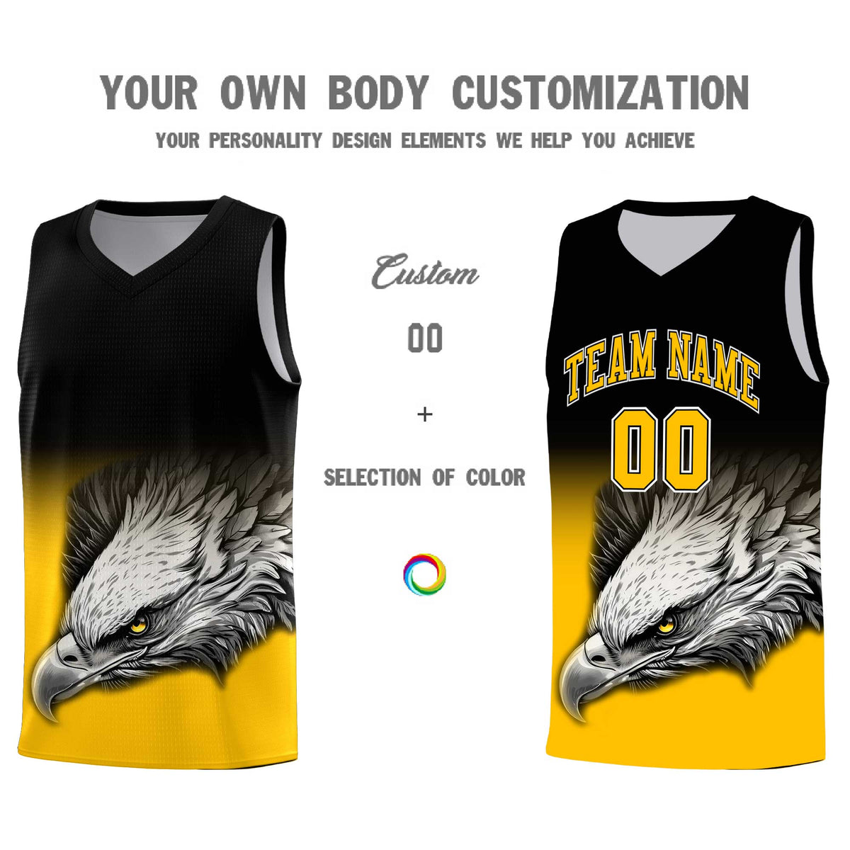 Custom Black Yellow Basketball Kits with Eagle Pattern