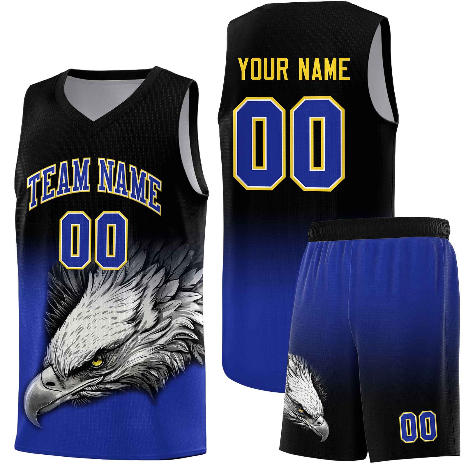 Custom Black Yellow Basketball Kits with Eagle Pattern