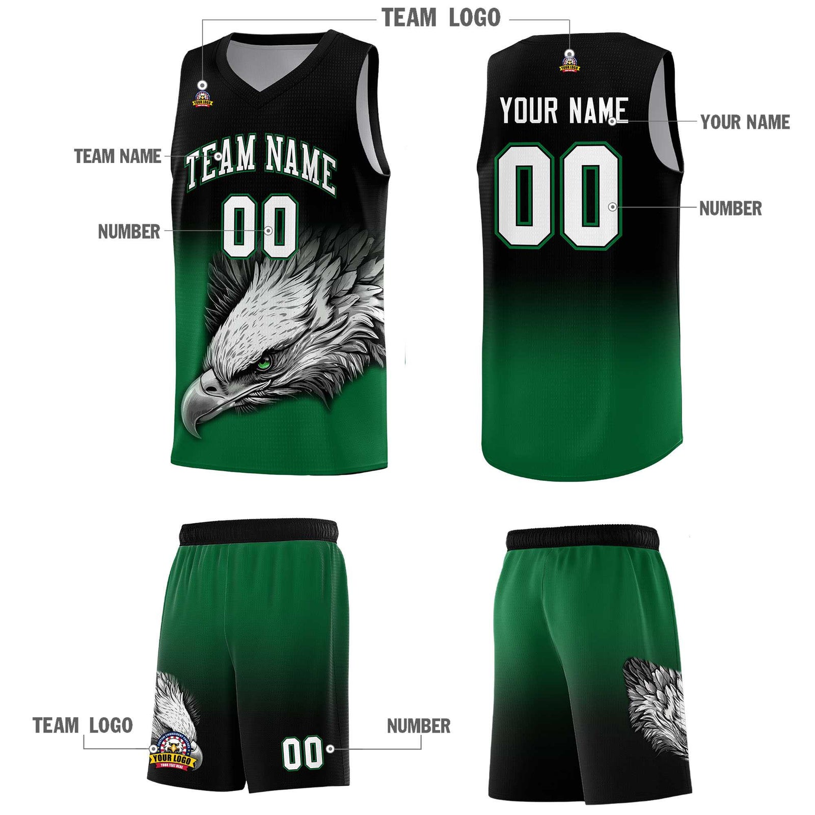 Custom Black Kelly Green Basketball Kits with Eagle Pattern