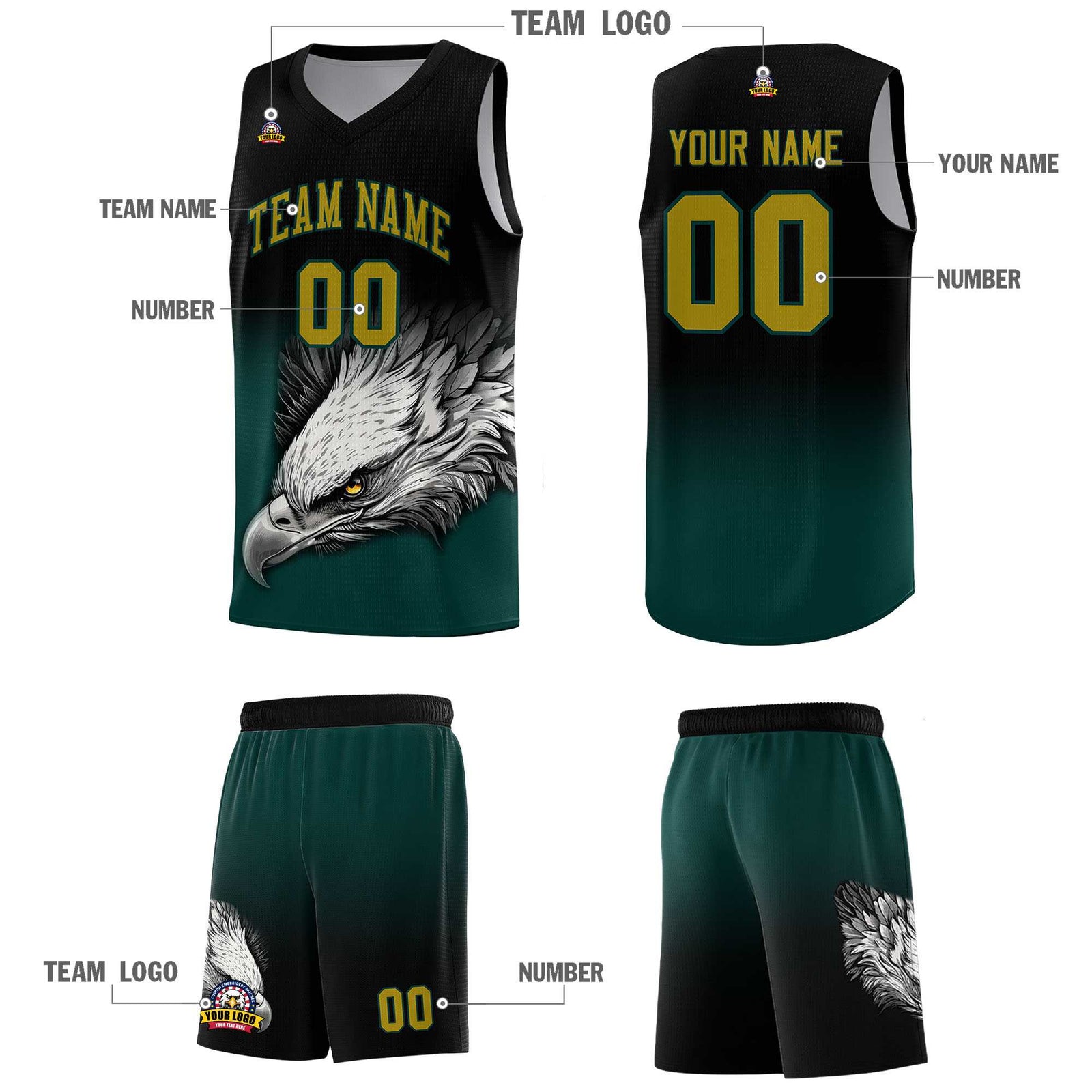 Custom Black Midnight Green Basketball Kits with Eagle Pattern
