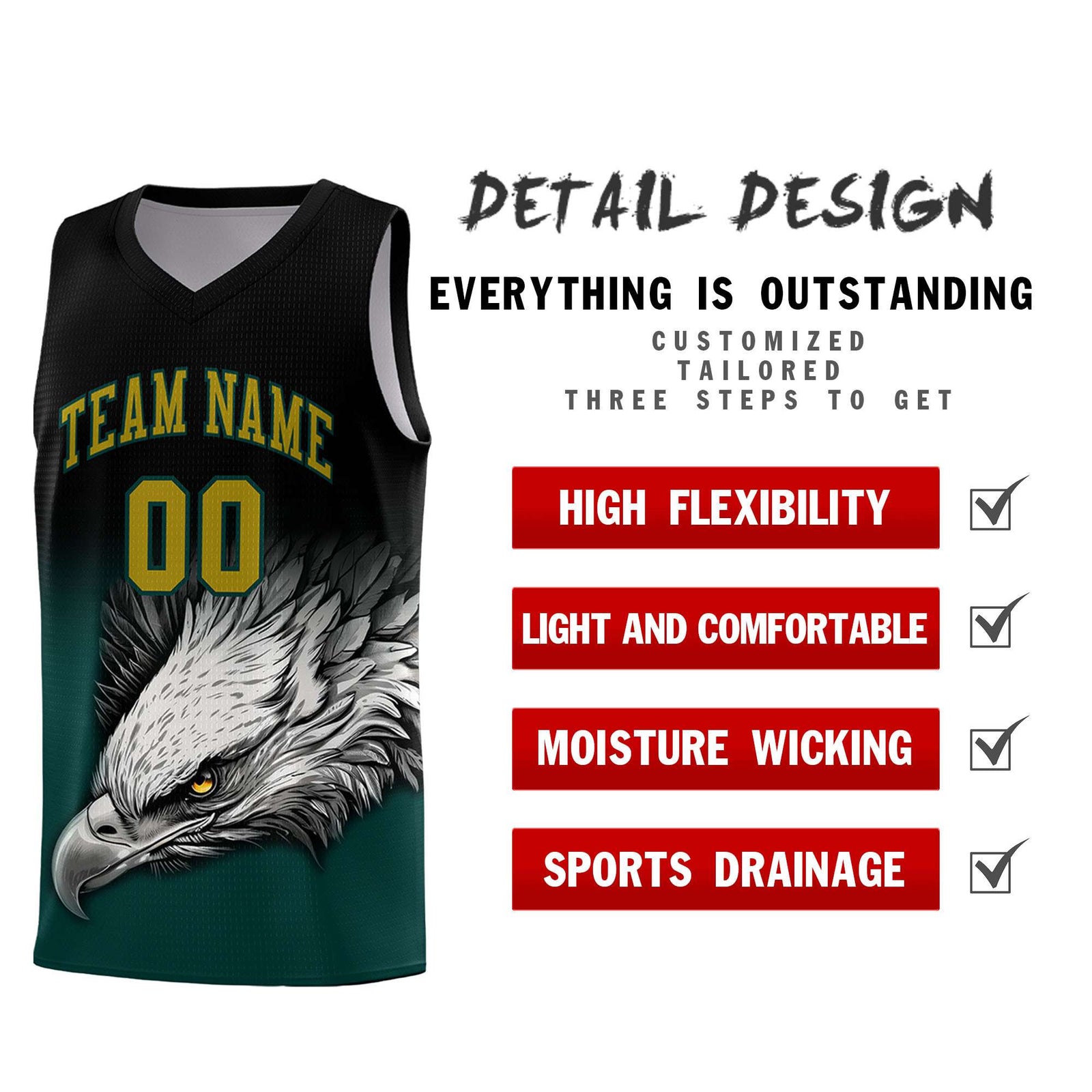 Custom Black Midnight Green Basketball Kits with Eagle Pattern