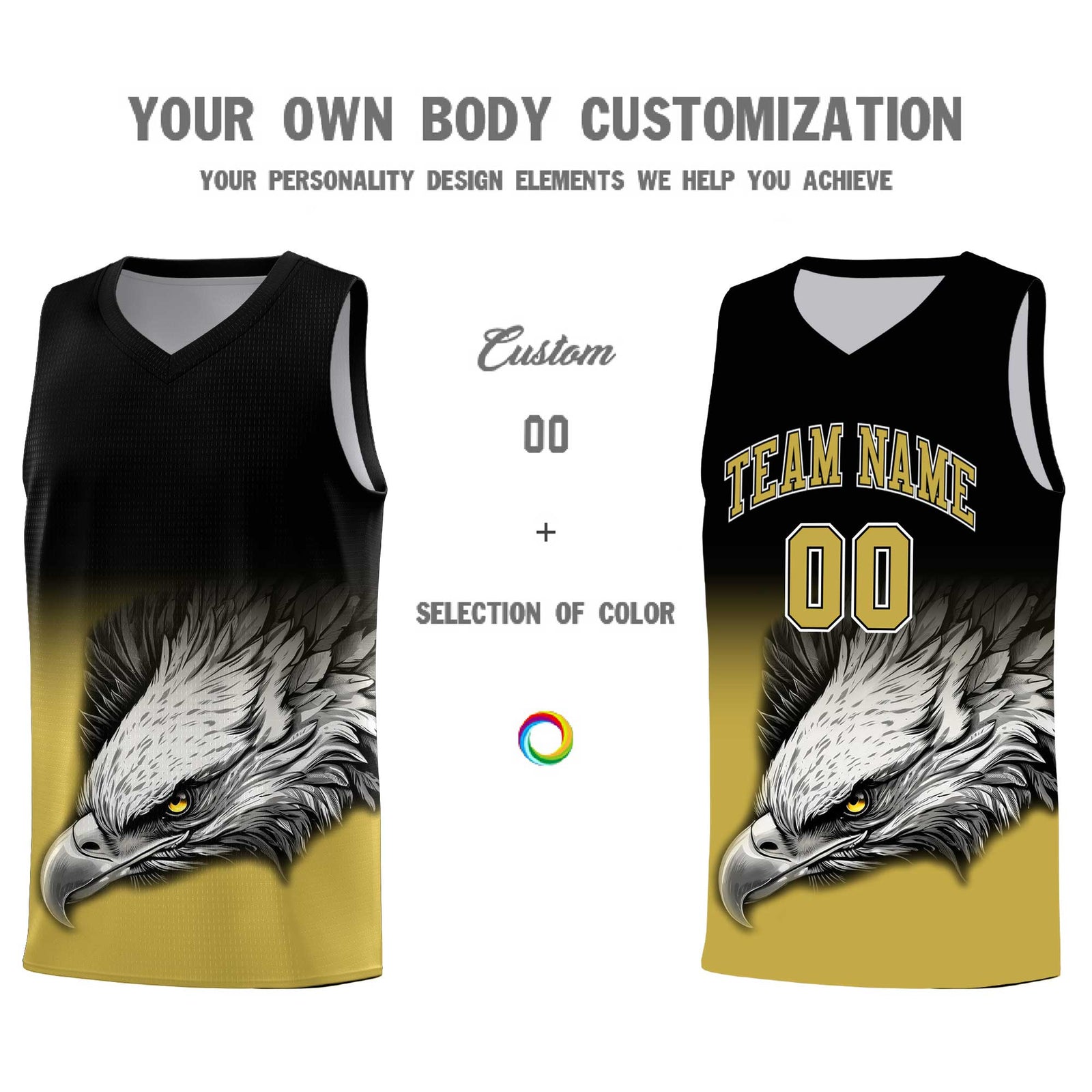 Custom Black Old Gold Basketball Kits with Eagle Pattern