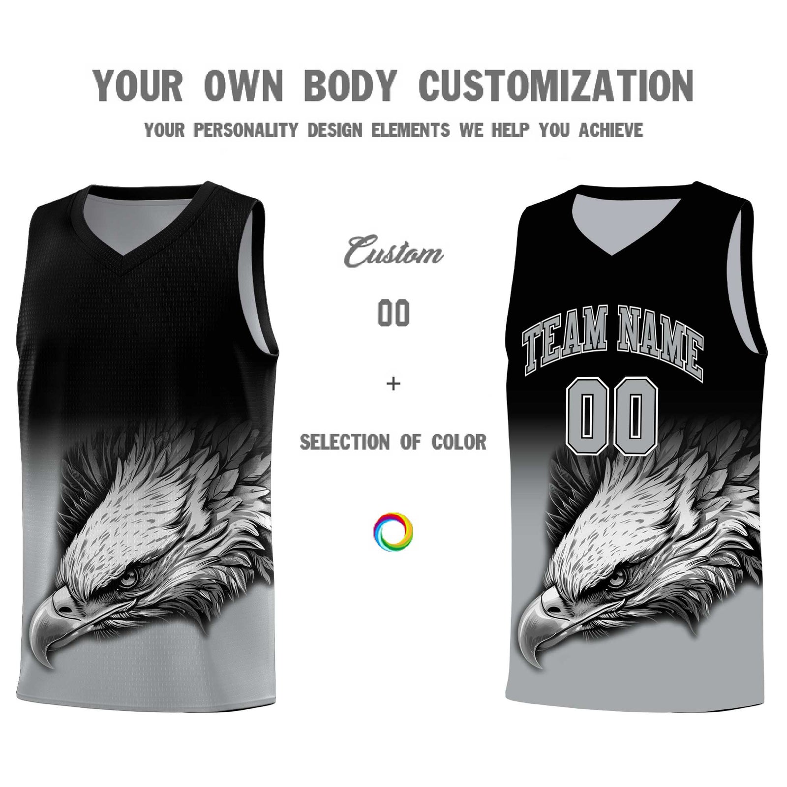 Custom Black Gray Basketball Kits with Eagle Pattern