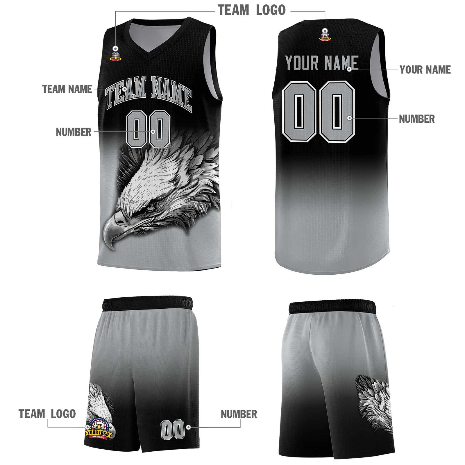 Custom Black Gray Basketball Kits with Eagle Pattern