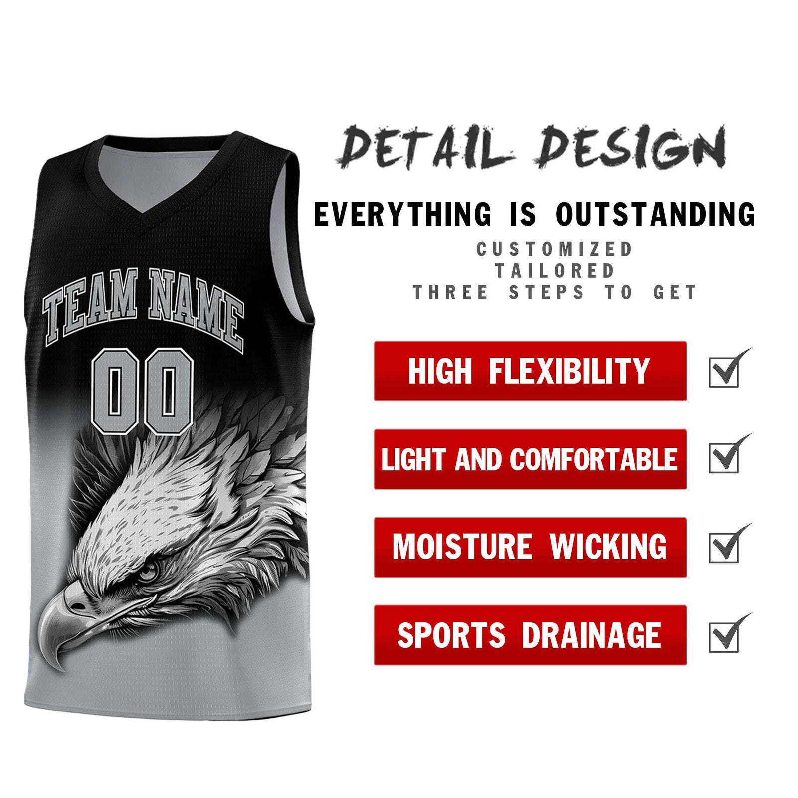 Custom Black Gray Basketball Kits with Eagle Pattern