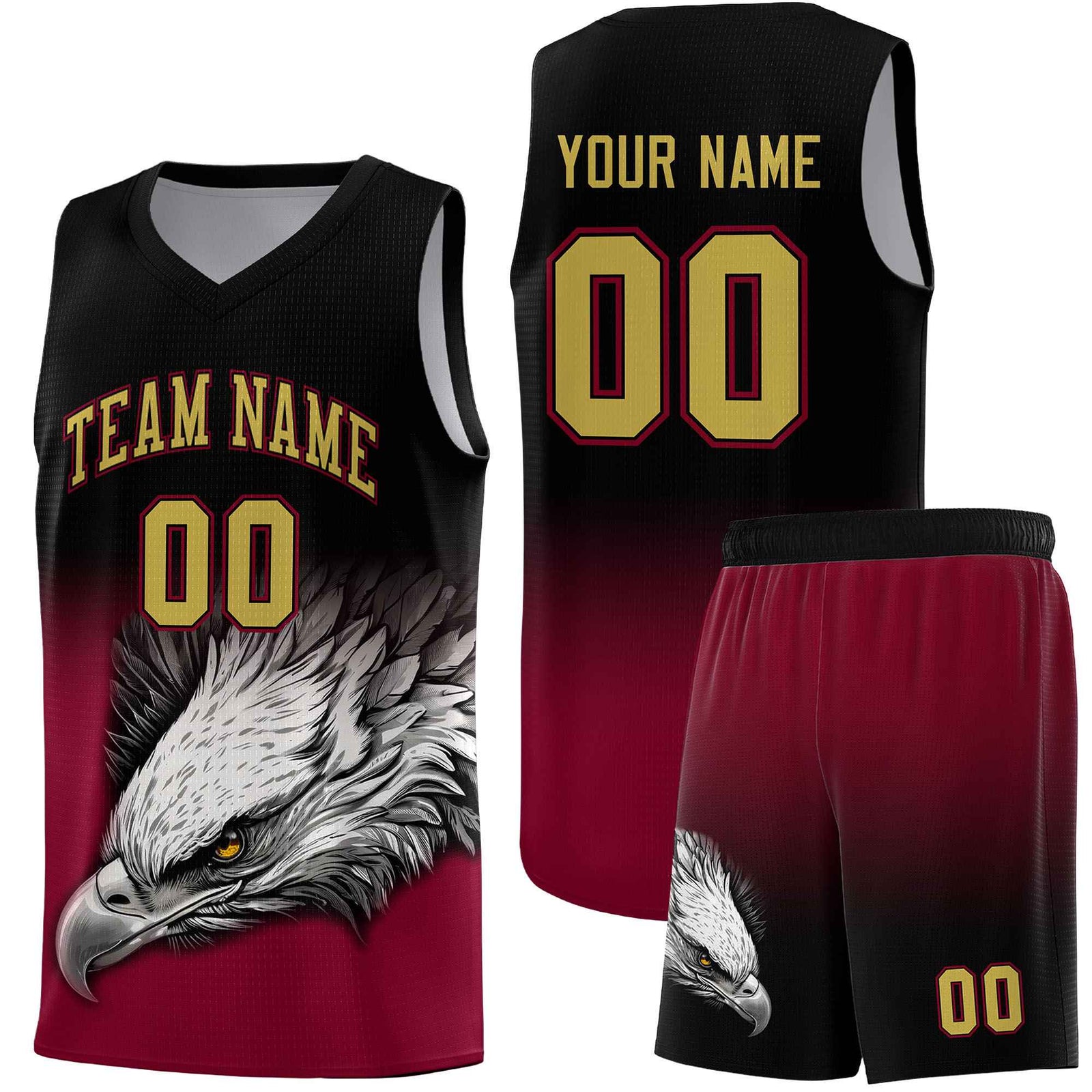 Custom Black Crimson Basketball Kits with Eagle Pattern