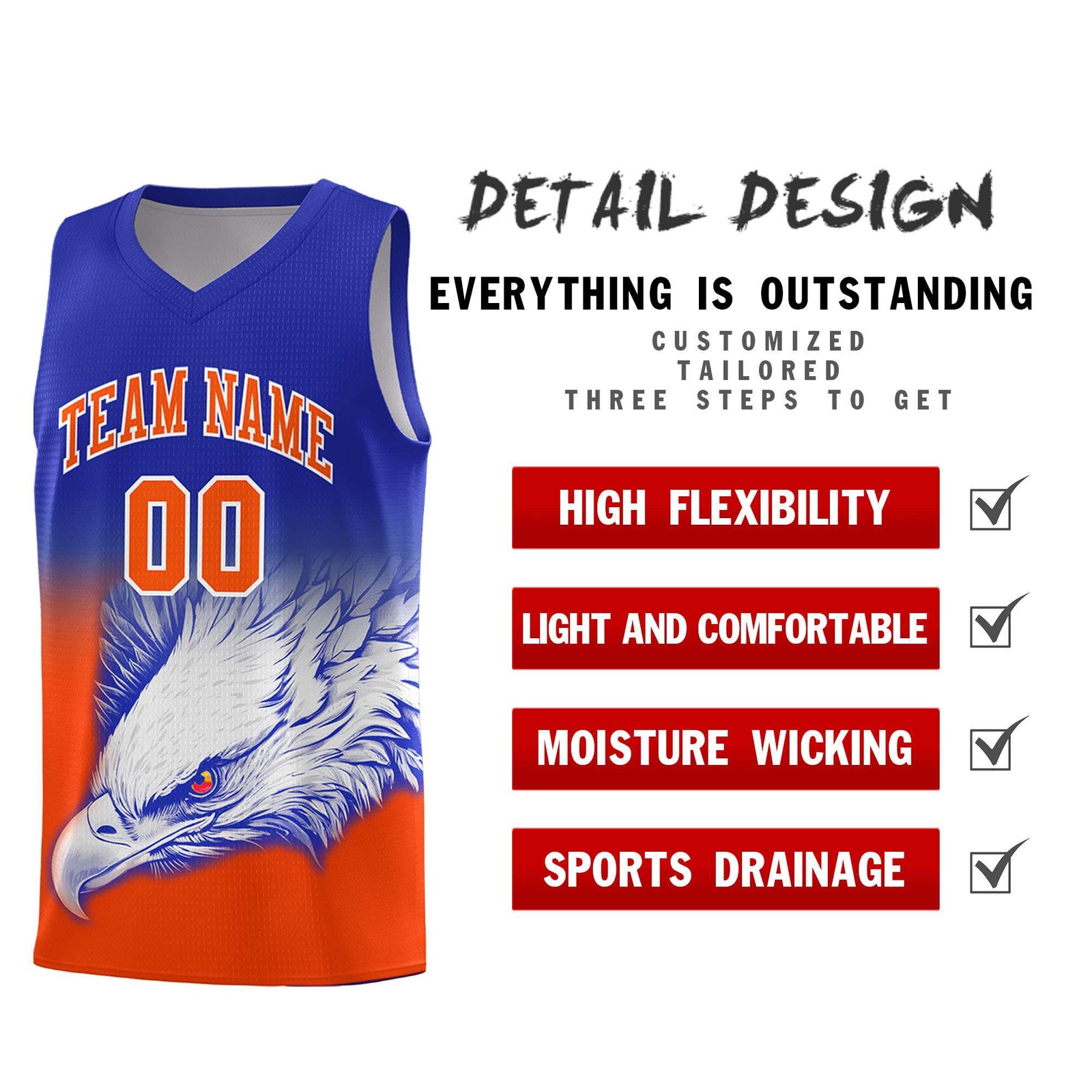 Custom Royal Orange Basketball Kits with Eagle Pattern