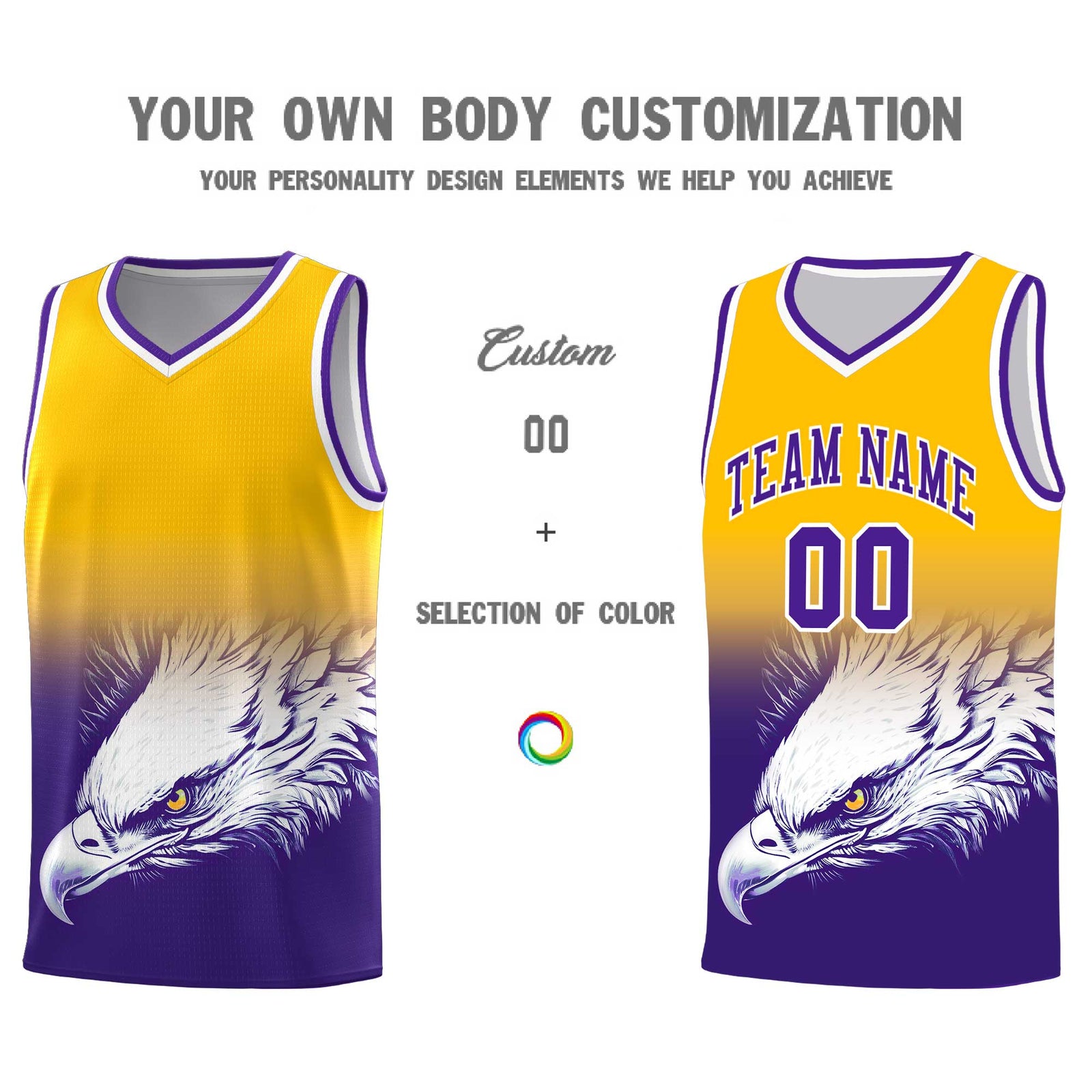Custom Yellow Purple Basketball Kits with Eagle Pattern