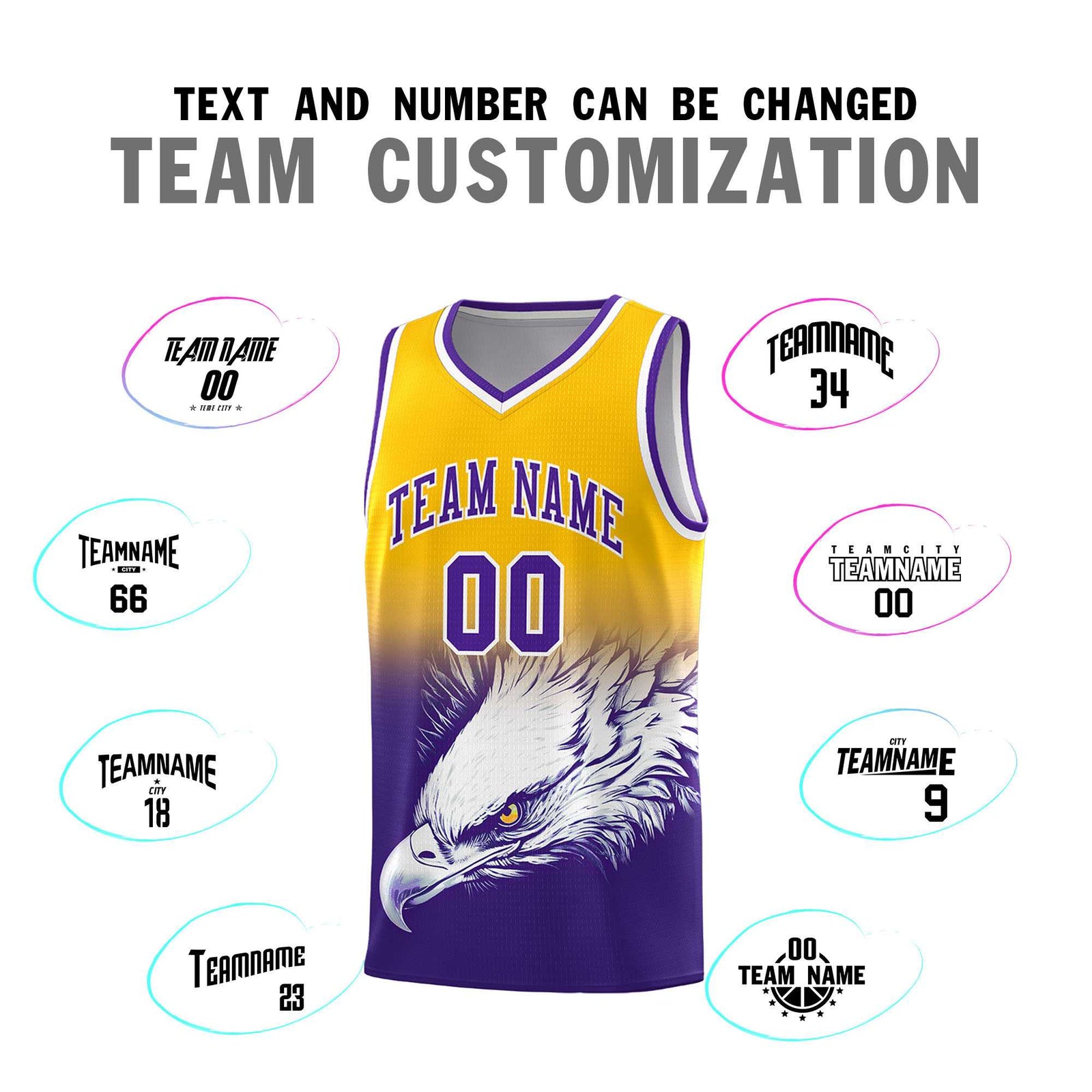 Custom Yellow Purple Basketball Kits with Eagle Pattern