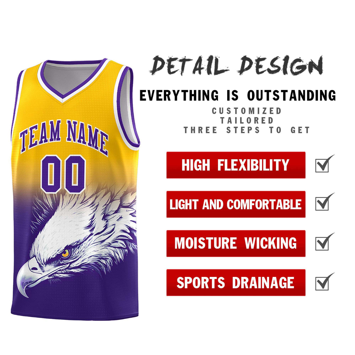 Custom Yellow Purple Basketball Kits with Eagle Pattern