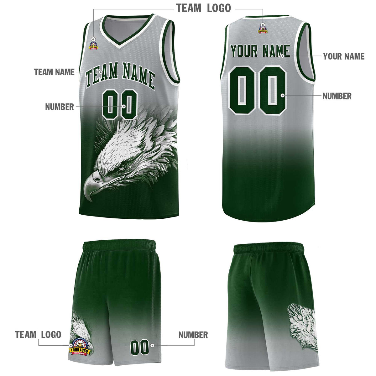 Custom Gray Green Basketball Kits with Eagle Pattern