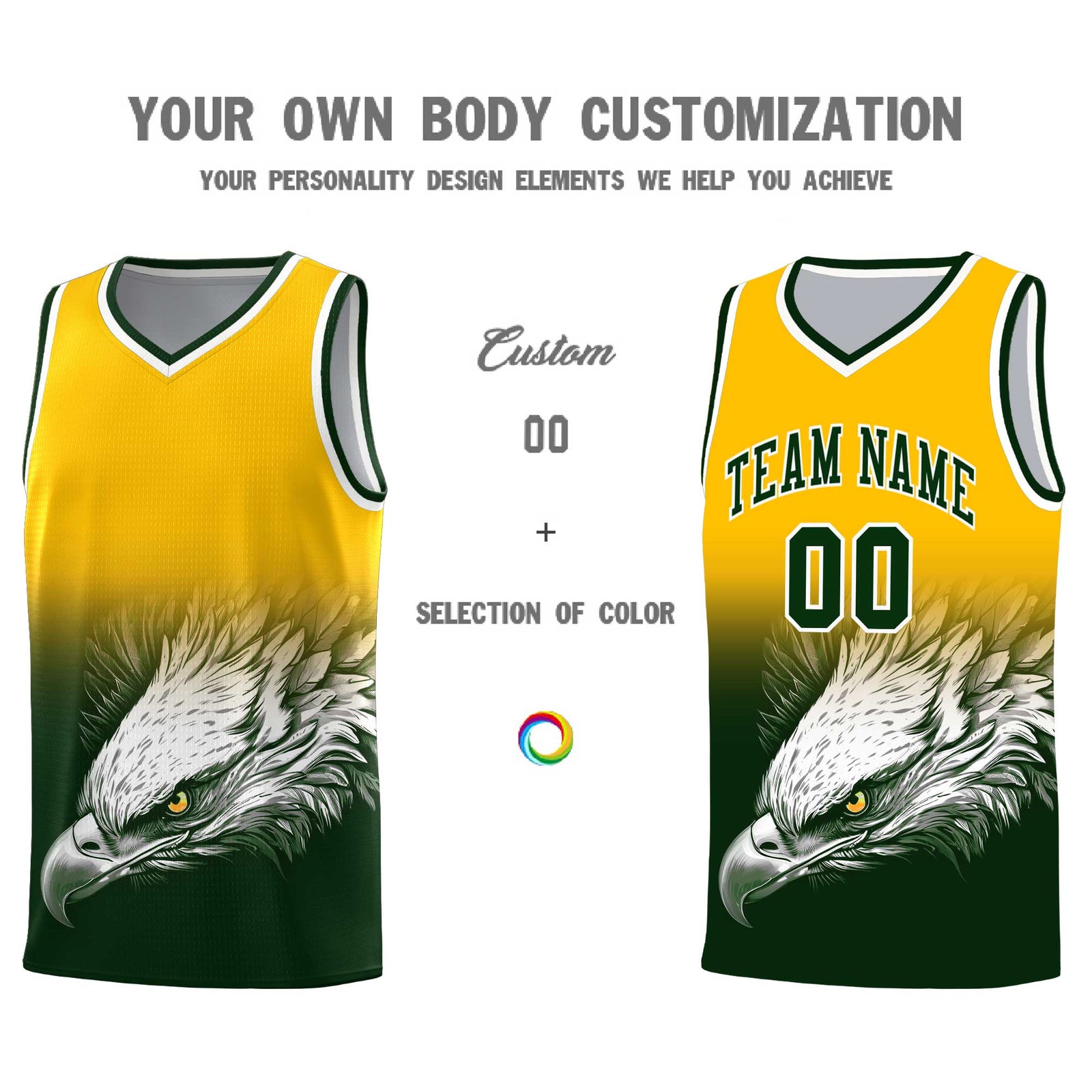 Custom Yellow Green Basketball Kits with Eagle Pattern