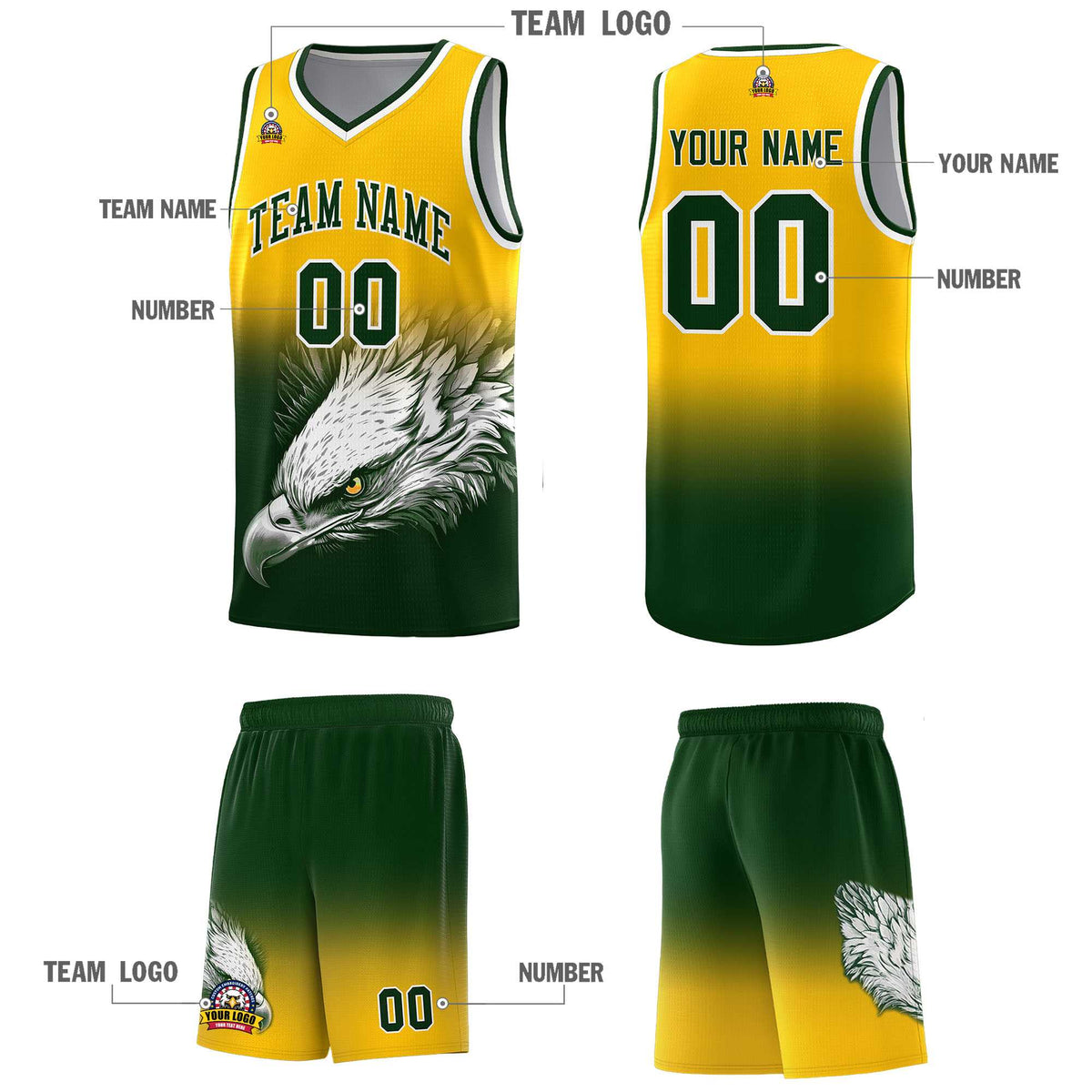 Custom Yellow Green Basketball Kits with Eagle Pattern