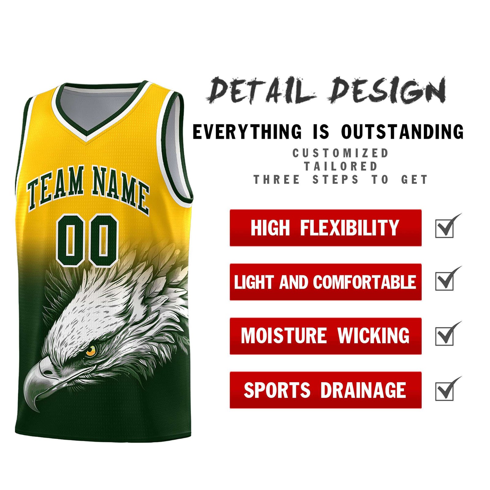 Custom Yellow Green Basketball Kits with Eagle Pattern