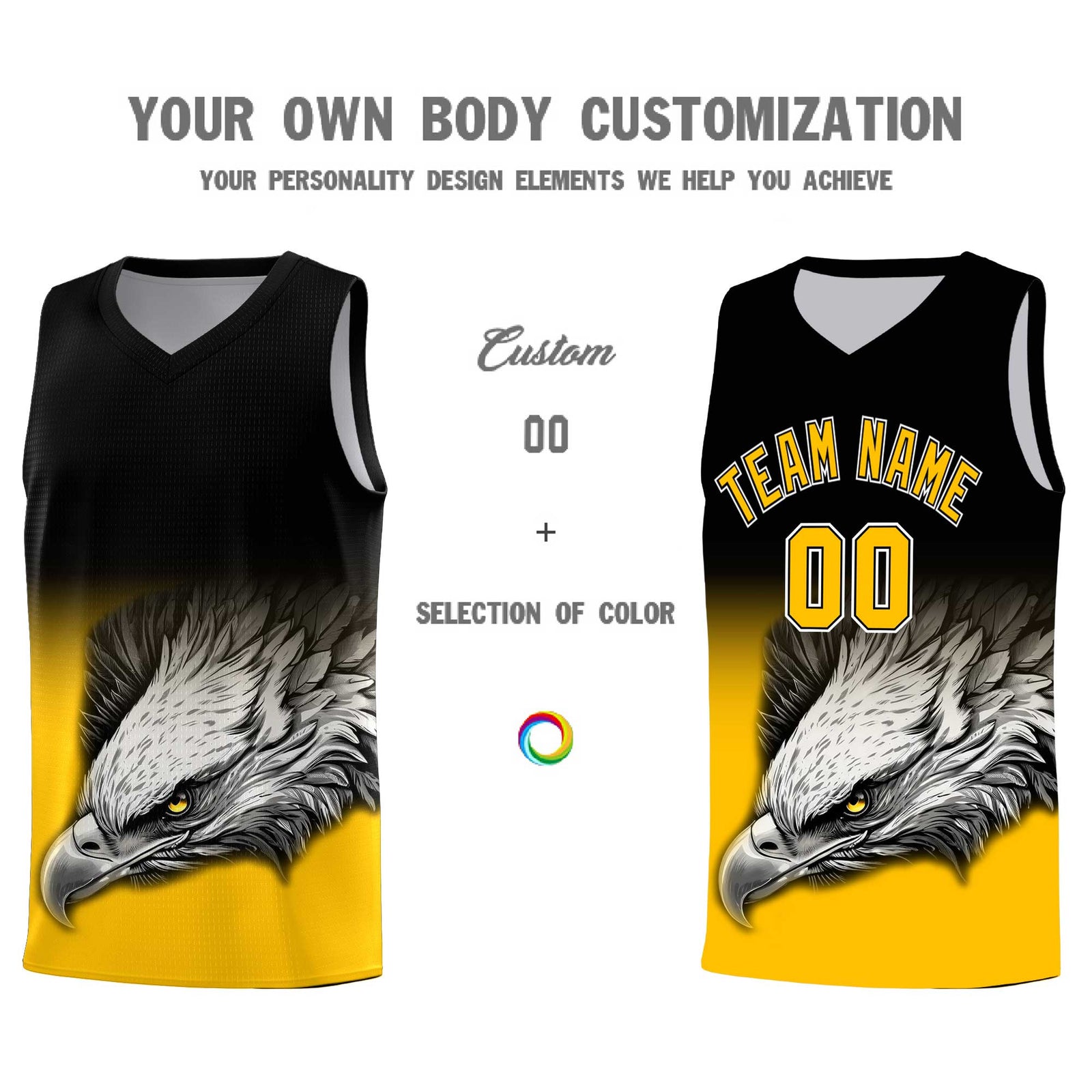 Custom Black Yellow Basketball Kits with Eagle Pattern
