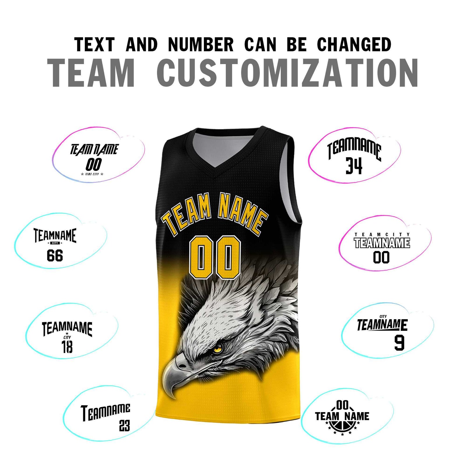 Custom Black Yellow Basketball Kits with Eagle Pattern
