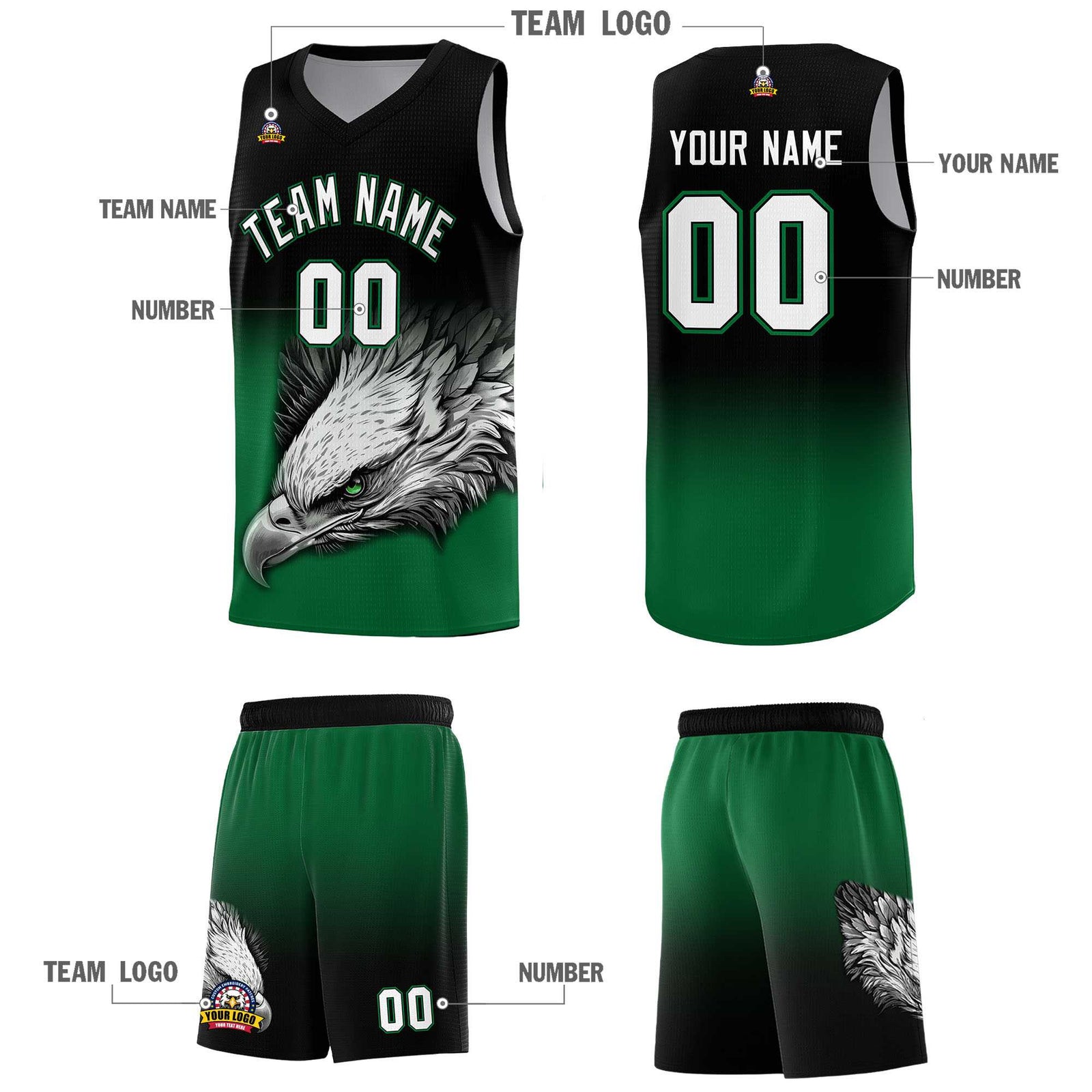 Custom Black Kelly Green Basketball Kits with Eagle Pattern