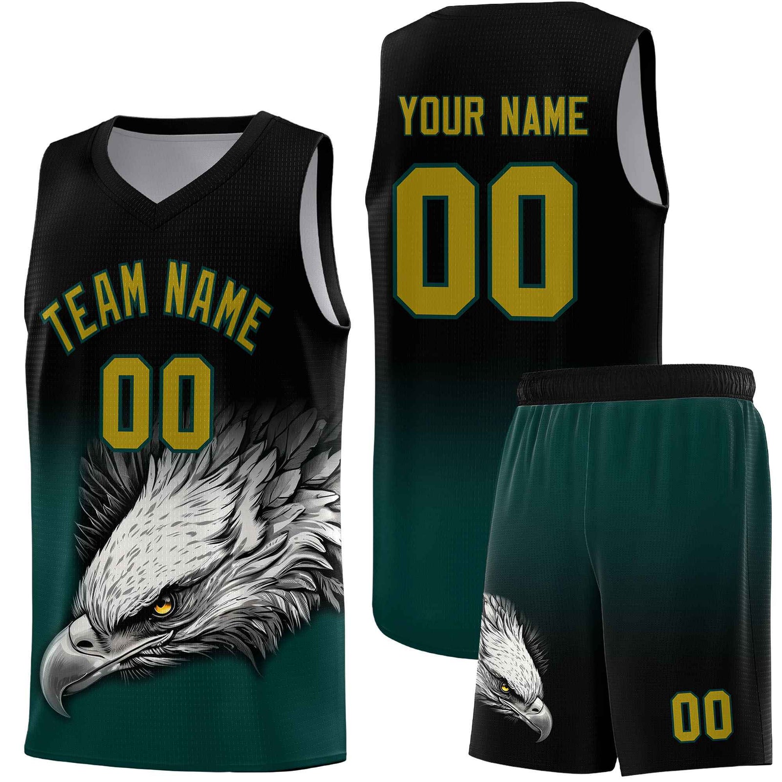 Custom Black Midnight Green Basketball Kits with Eagle Pattern