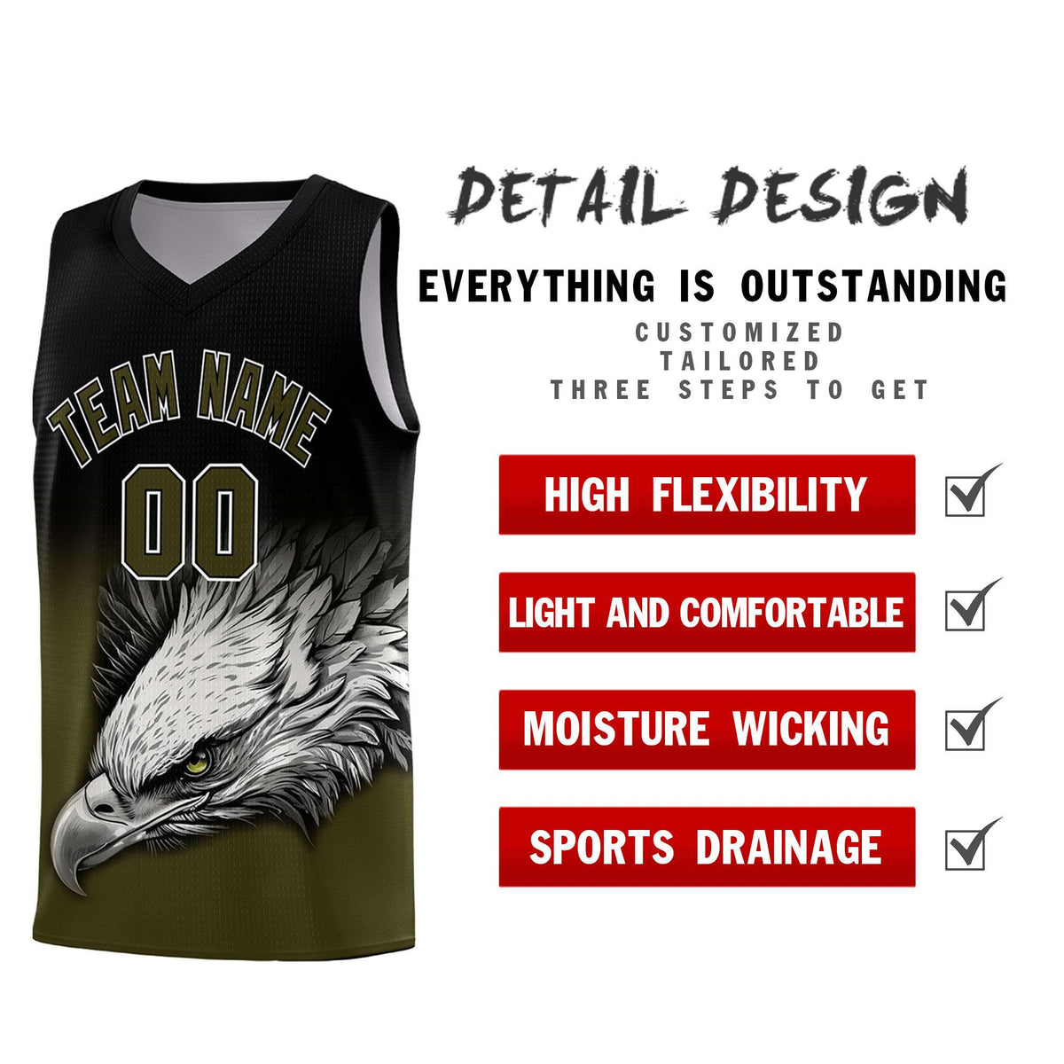 Custom Black Olive Basketball Kits with Eagle Pattern