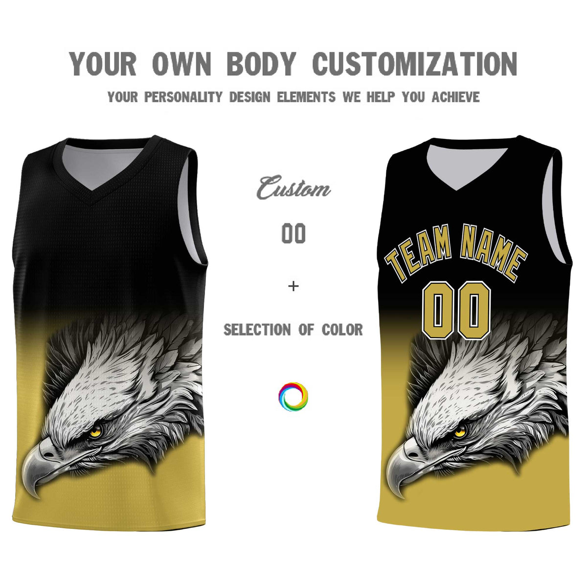 Custom Black Old Gold Basketball Kits with Eagle Pattern