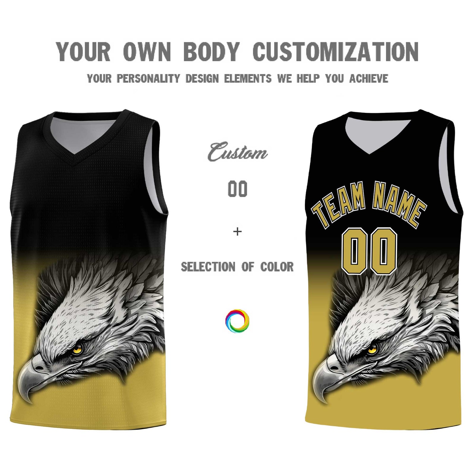 Custom Black Old Gold Basketball Kits with Eagle Pattern