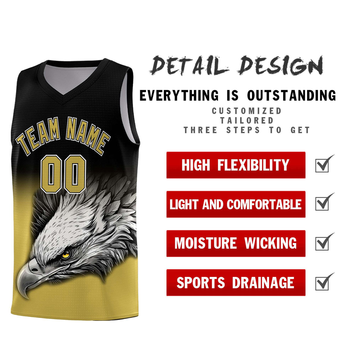 Custom Black Old Gold Basketball Kits with Eagle Pattern