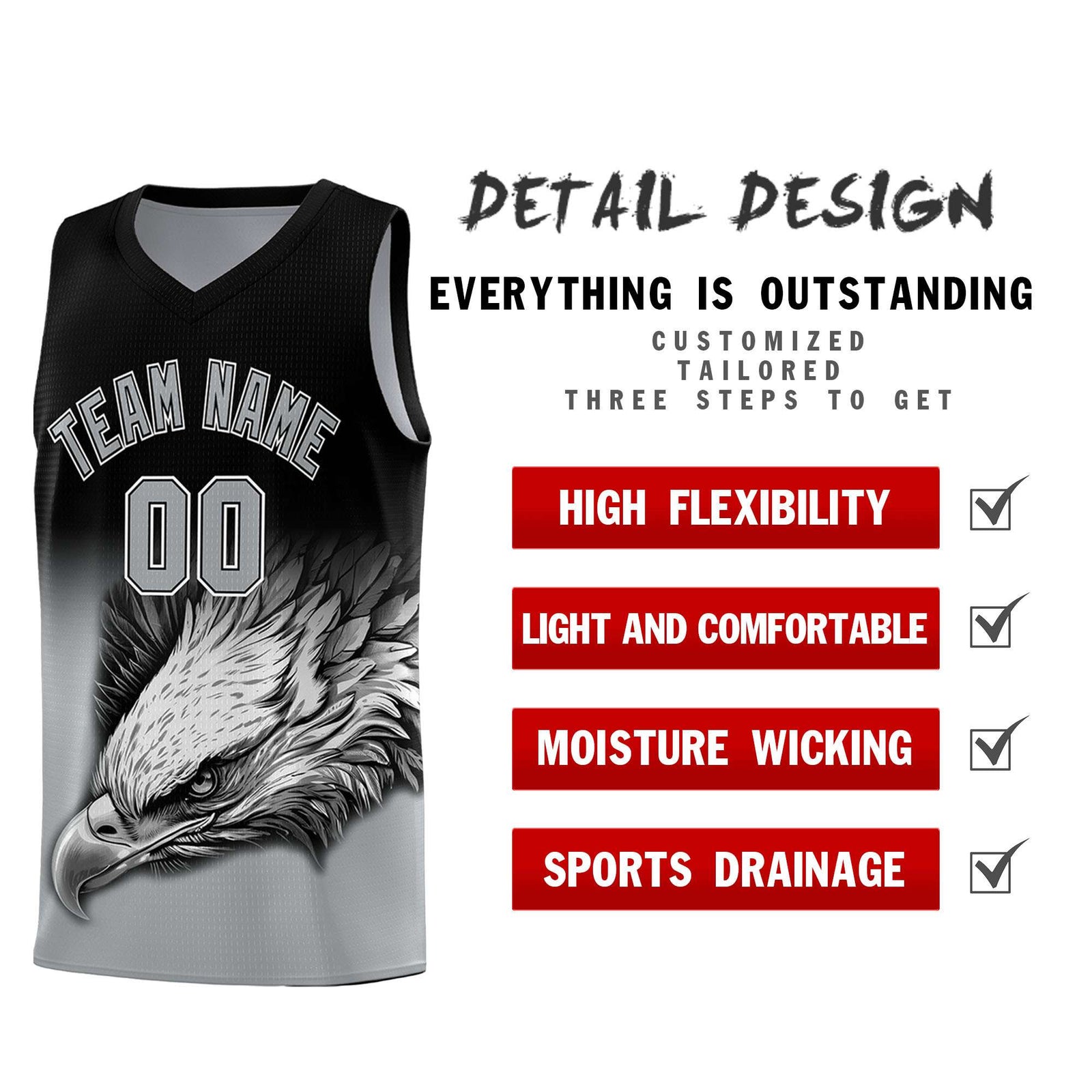 Custom Black Gray Basketball Kits with Eagle Pattern