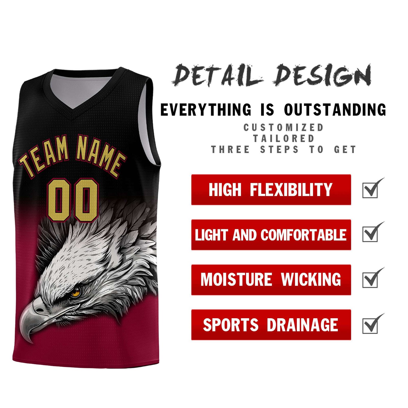 Custom Black Crimson Basketball Kits with Eagle Pattern