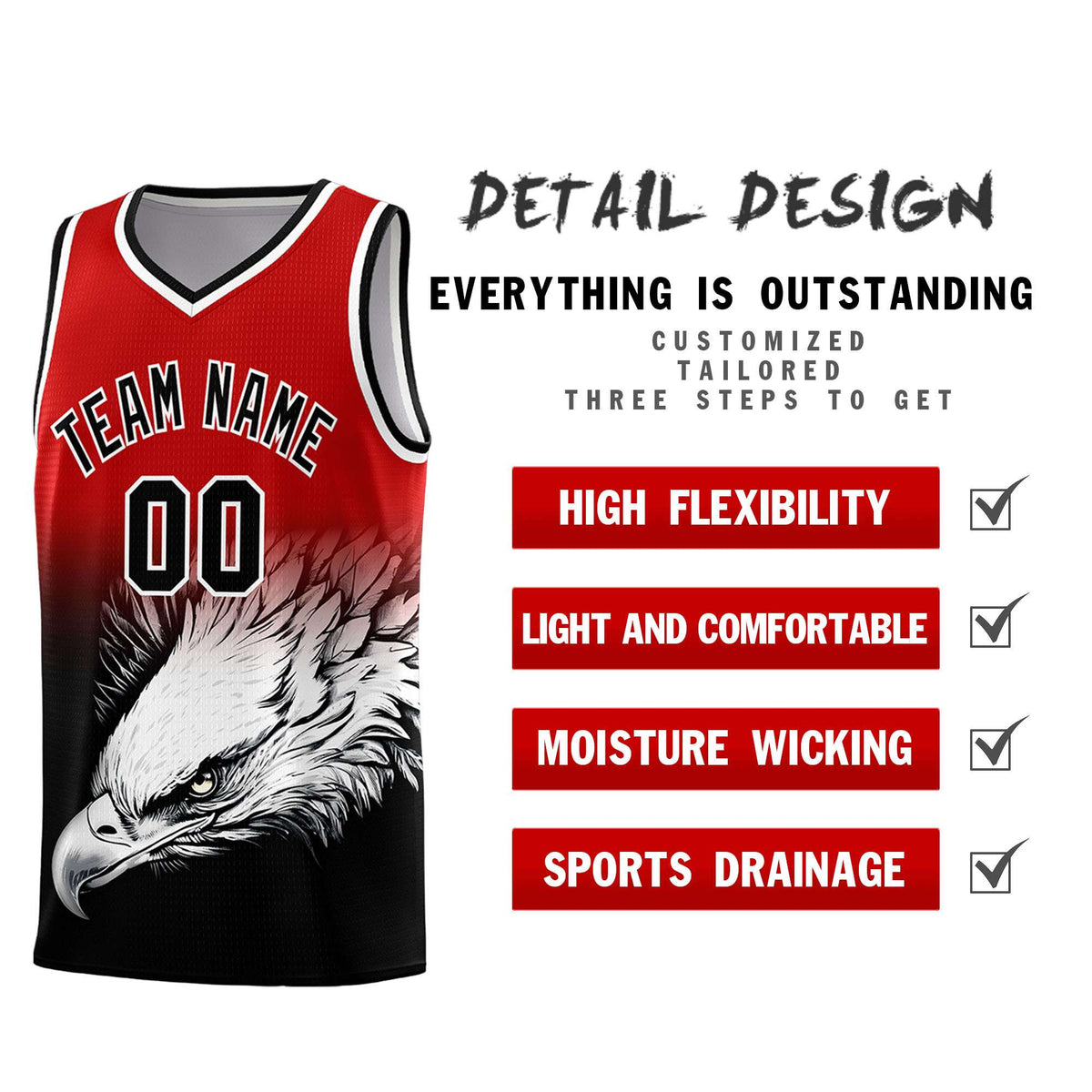 Custom Red Black Basketball Kits with Eagle Pattern