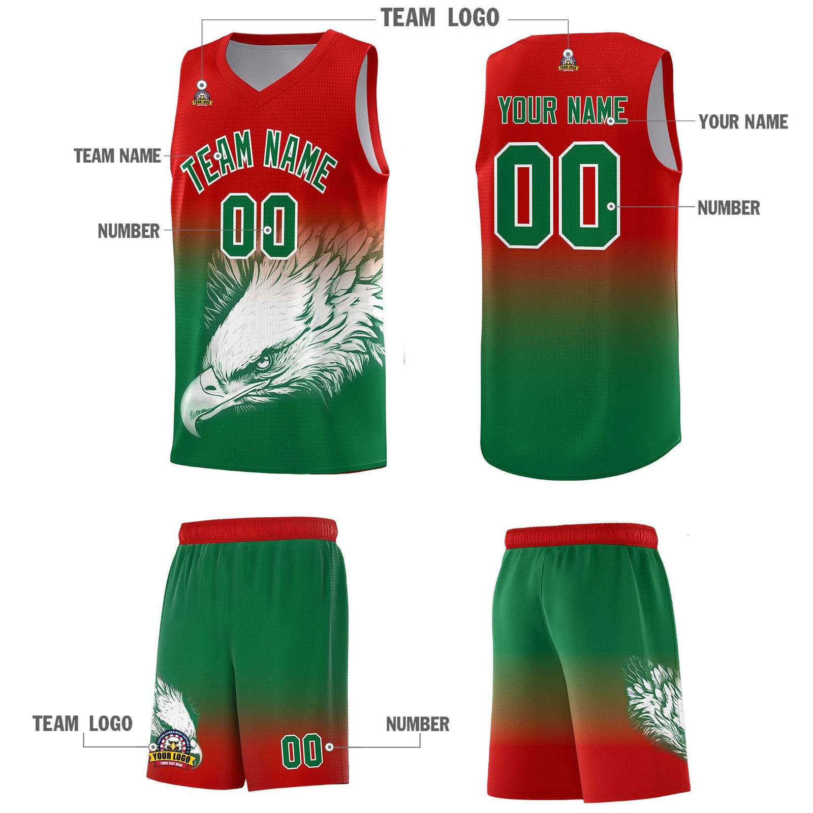 Custom Red Kelly Green Basketball Kits with Eagle Pattern