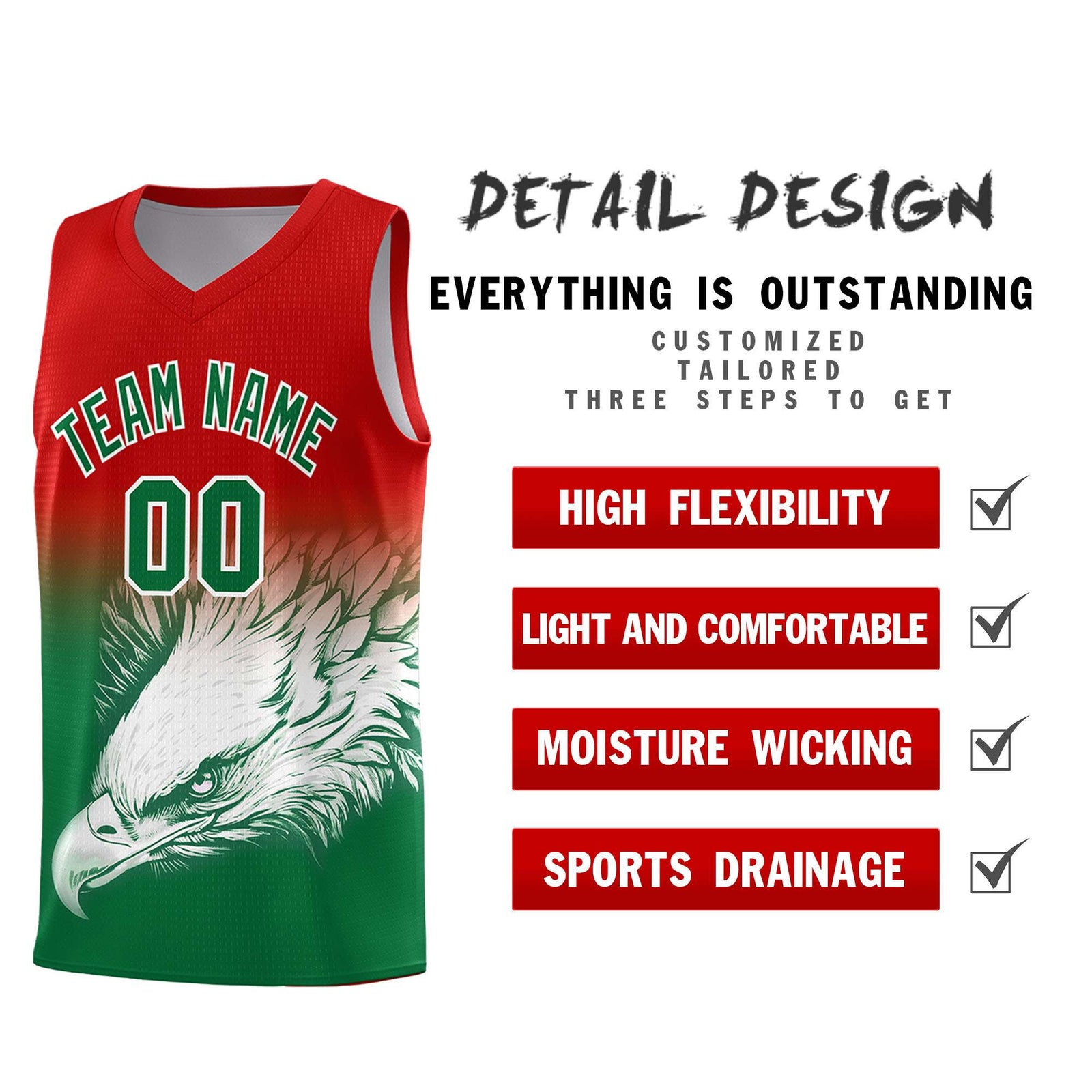 Custom Red Kelly Green Basketball Kits with Eagle Pattern